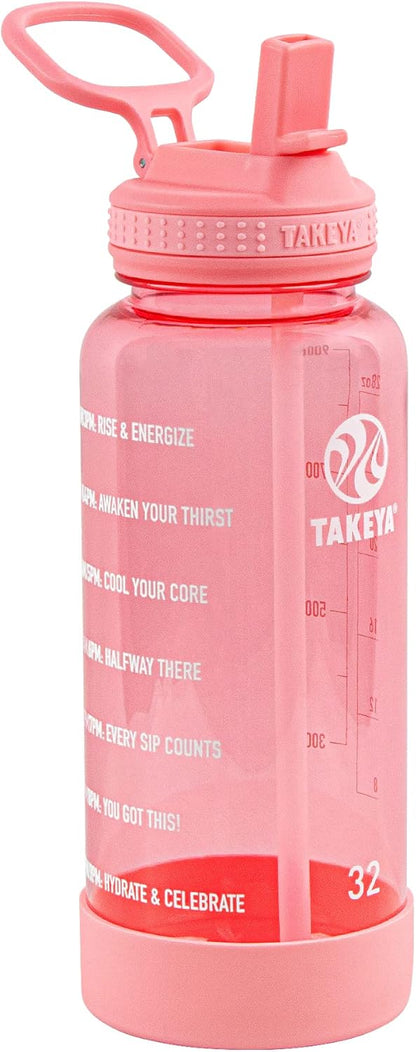 Takeya Motivational Water Bottle with Straw Lid and Time Marker (64 oz, Vivacity Purple) - Leakproof, BPA Free Water Bottle for Daily Intake Tracking