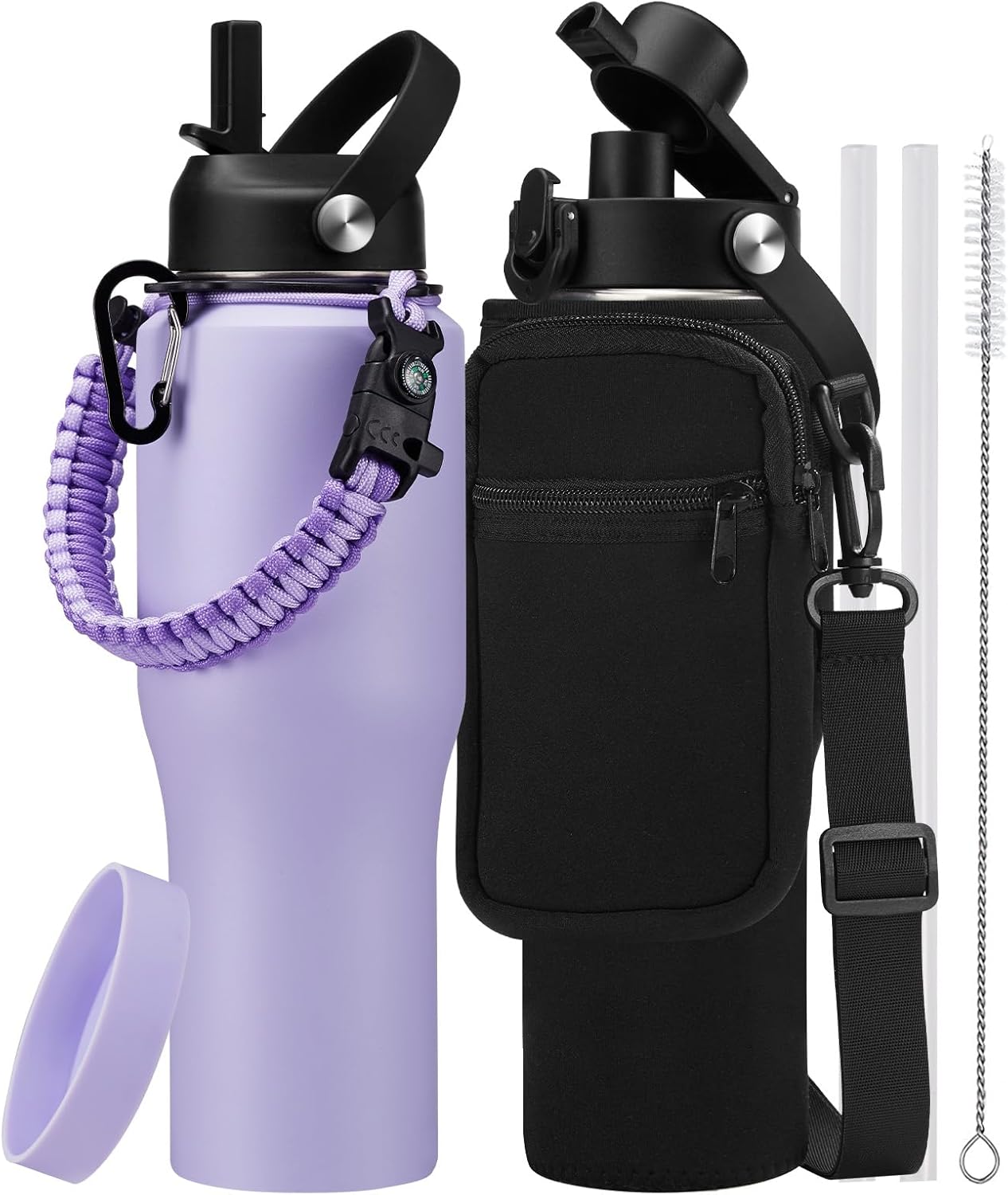 Insulated Water Bottle 40 oz - Fits in any Car Cup Holder, Keep Cold 48H Hot 24H, Stainless Steel Waterbottle Double Wall Flask with Straw, Pop-up Spout Lid, Paracord Handle, Carrier Bag