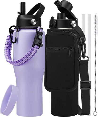Insulated Water Bottle 40 oz - Fits in any Car Cup Holder, Keep Cold 48H Hot 24H, Stainless Steel Waterbottle Double Wall Flask with Straw, Pop-up Spout Lid, Paracord Handle, Carrier Bag