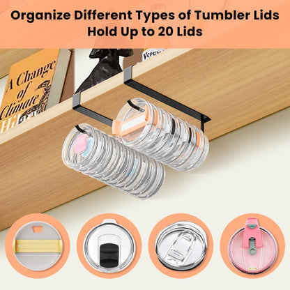 2 Pack Tumbler Lid Organizer, Under Cabinet Cup Lid Holder for Yeti Insulated Mug/Stanley Insulated Mug/Simple Modern Insulated Mug Lid, No Gluing, No Drilling, Up to 10 Lids (Black)
