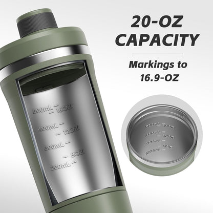 PROCHAIN Insulated Stainless Steel Shaker Bottle, Metal Shaker Cup for Protein Shakes with Storage, Leak-Proof Twist Lock Lid, Perfect for Gym Sports, 20 oz