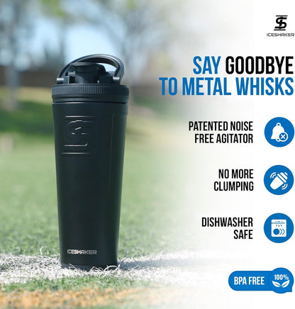 Ice Shaker Insulated Stainless Steel Shaker Bottle | 26oz, Black | Cold for 30+ Hours | Insulated Cup with Twist-on Agitator | Odor-Free Bottle for Protein Shakes, Water, Smoothies, Cocktails