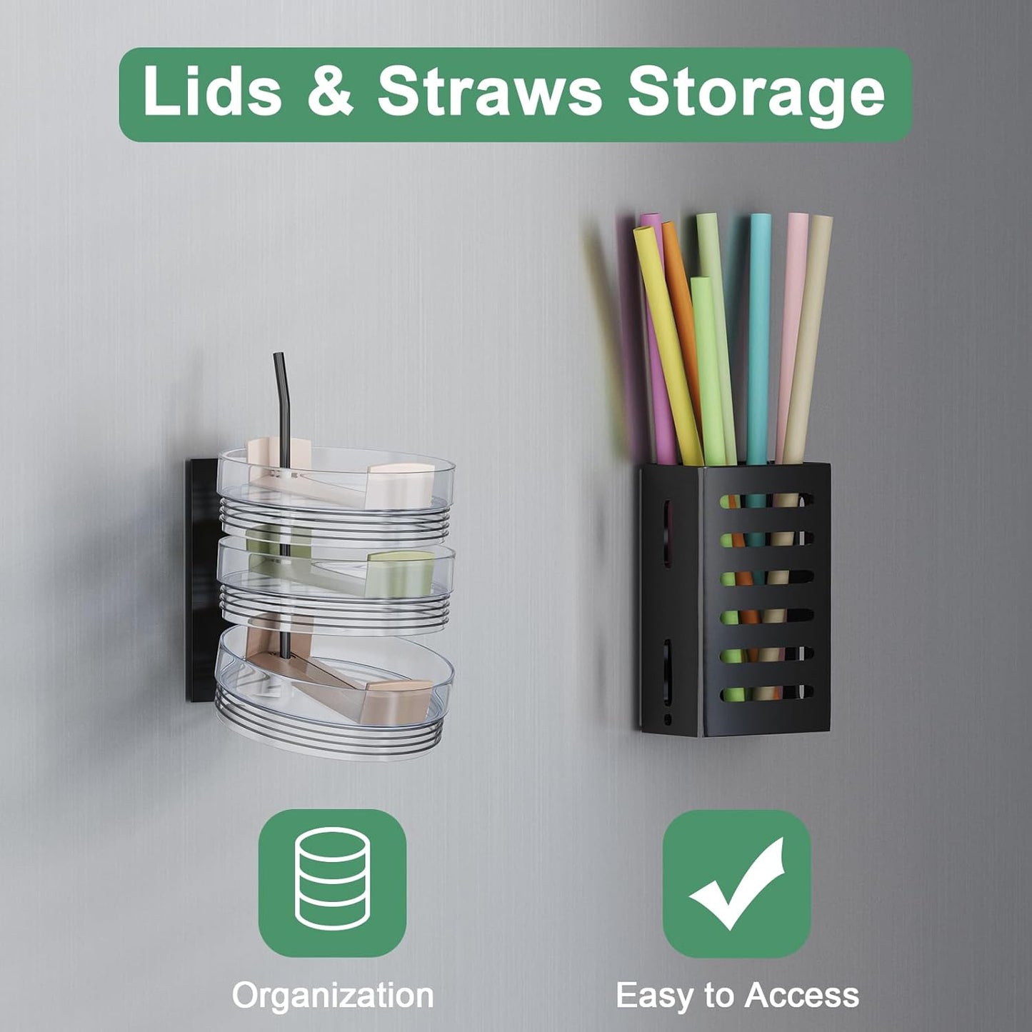 Magnetic Cup Holder for Fridge, Aufworld Tumbler Organizer Fits 20/30/40 oz Stanley Cups, Accessory Storage with Lid & Straw Holder, Space-Saving Storage Rack for Kitchen Fridge (Black-Cup Holder Set)