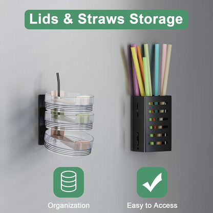 Magnetic Cup Holder for Fridge, Aufworld Tumbler Organizer Fits 20/30/40 oz Stanley Cups, Accessory Storage with Lid & Straw Holder, Space-Saving Storage Rack for Kitchen Fridge (Black-Cup Holder Set)