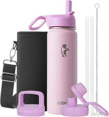 Half Gallon Water Bottle Insulated with Straw & 3 Lids, Coolflask 64 oz Water Jug Large Metal Stainless Steel Wide Mouth for Sports, Gym or Office, Non-BPA Keep Cold 48H Hot 24H, Samurai Cyan
