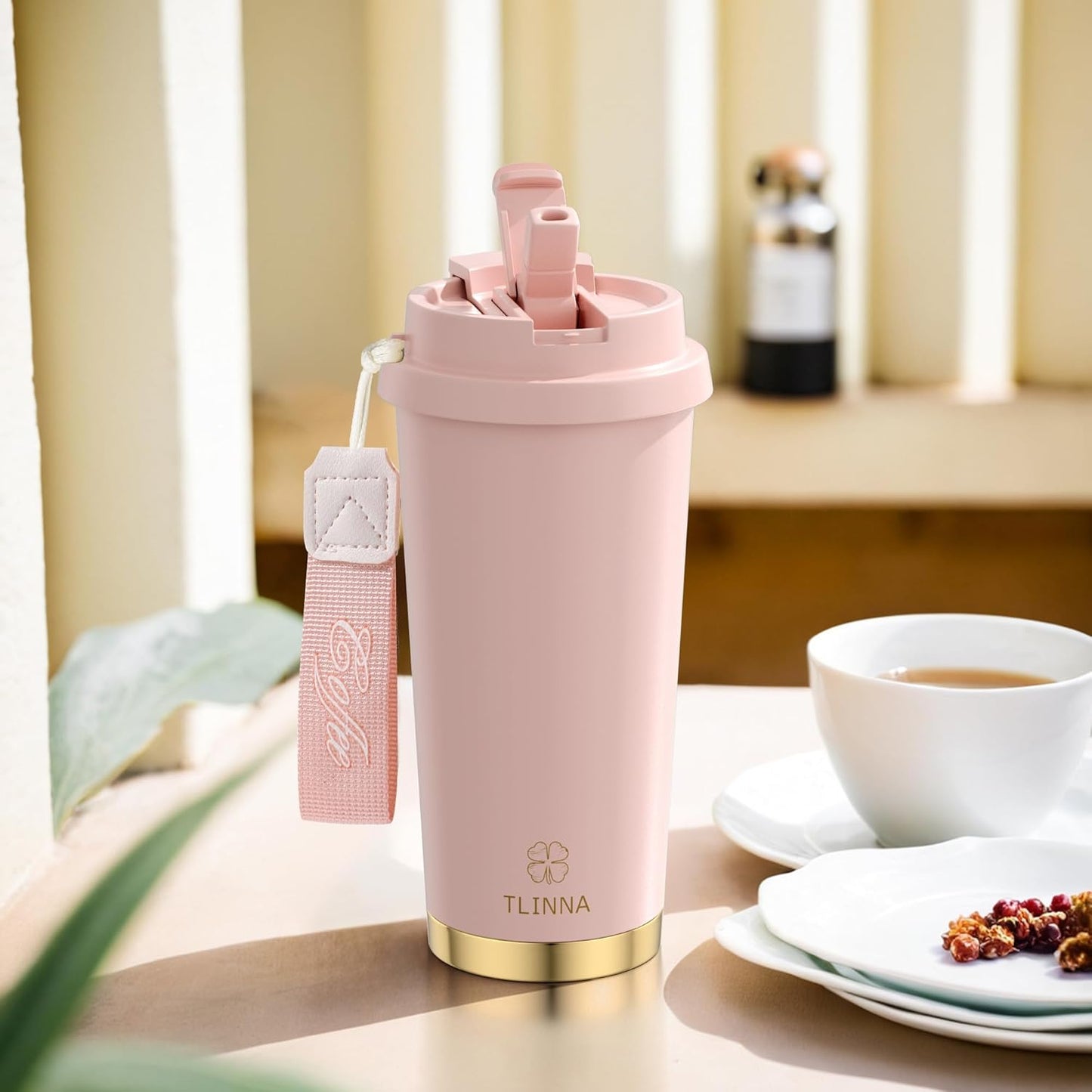 [2-IN-1 LID] Travel Mug,Coffe mug,Coffe cup,Ceramic coating Lined,316 Stainless Steel,BPA Free,Vacuum Insulated Tumbler for Water, Iced Tea or Coffee, Smoothie and More (Peony-White, 18 Onuces)