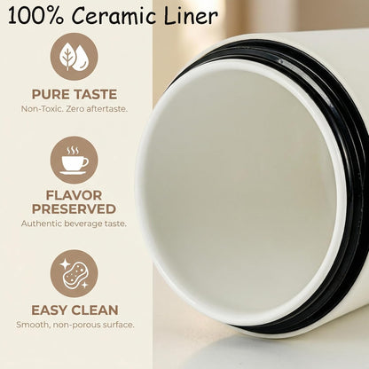 16oz Ceramic Travel Mug with Lid- 100% Real Ceramic Liner (No Coating), Heat-Resistant Outer Wall, Leak-Proof Lid with Detachable Strap, Fits Car Cup Holder