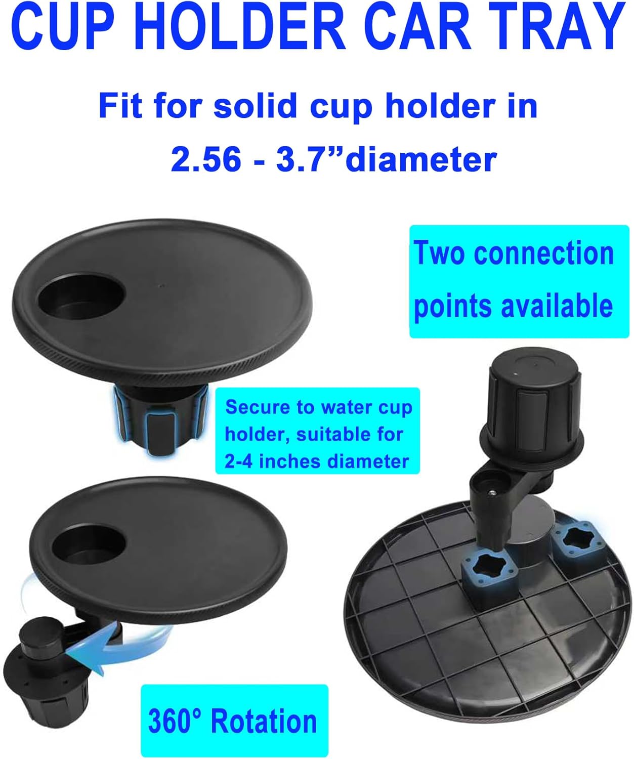 Car Cup Holder Tray, Cup Holder Table Expander for Car - Secure & 360°Adjustable Swivel arm, 9.84" Table, Car Tray fit for Cup Holders 2.56"-3.7" dm Wide