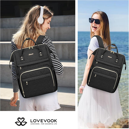 LOVEVOOK Laptop Backpack for Women with Giant Tumbler Holder Pocket,15.6 inch Waterproof Travel Backpack Purse Computer Laptop Bag,Professional Work College Nurse Teacher Backpack Casual Daypack,Black