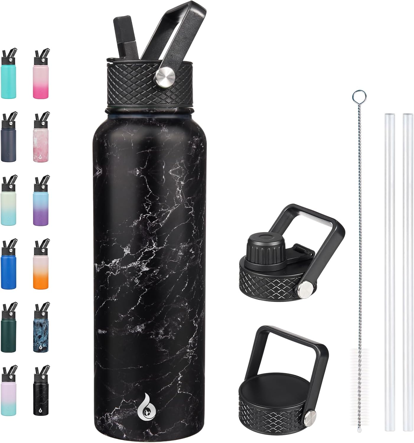 BJPKPK Insulated Water Bottles with Straw Lid, 40oz Stainless Steel Water Bottles with 3 Lids, BPA Free Leakproof Thermo, Tumblers, Cups for Sports, Gym- Midnight - Colors B