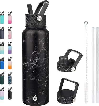 BJPKPK Insulated Water Bottles with Straw Lid, 40oz Stainless Steel Water Bottles with 3 Lids, BPA Free Leakproof Thermo, Tumblers, Cups for Sports, Gym- Midnight - Colors B