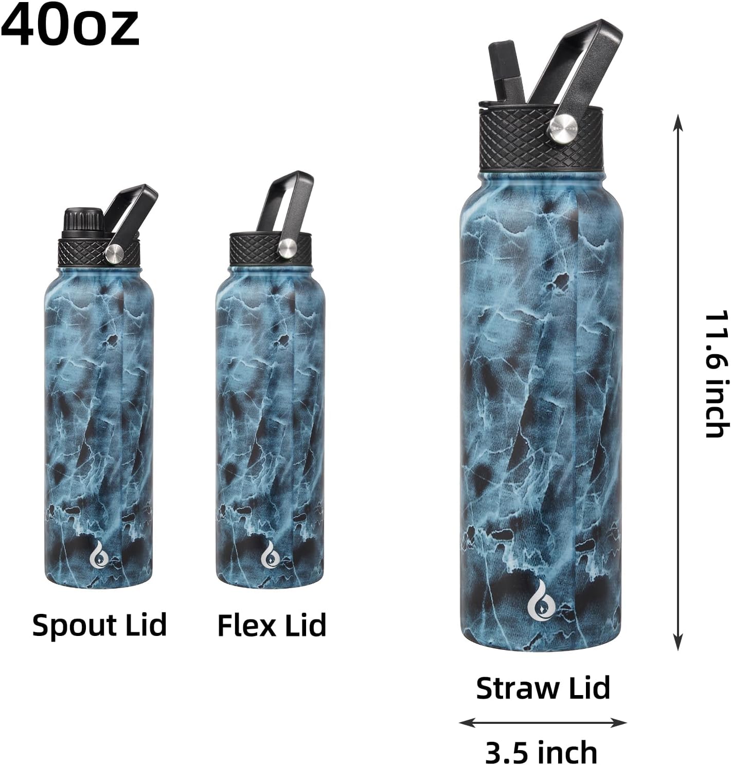 BJPKPK Insulated Water Bottles with Straw Lid, 40oz Stainless Steel Water Bottles with 3 Lids, BPA Free Leakproof Thermo, Tumblers, Cups for Sports, Gym- Midnight - Colors B