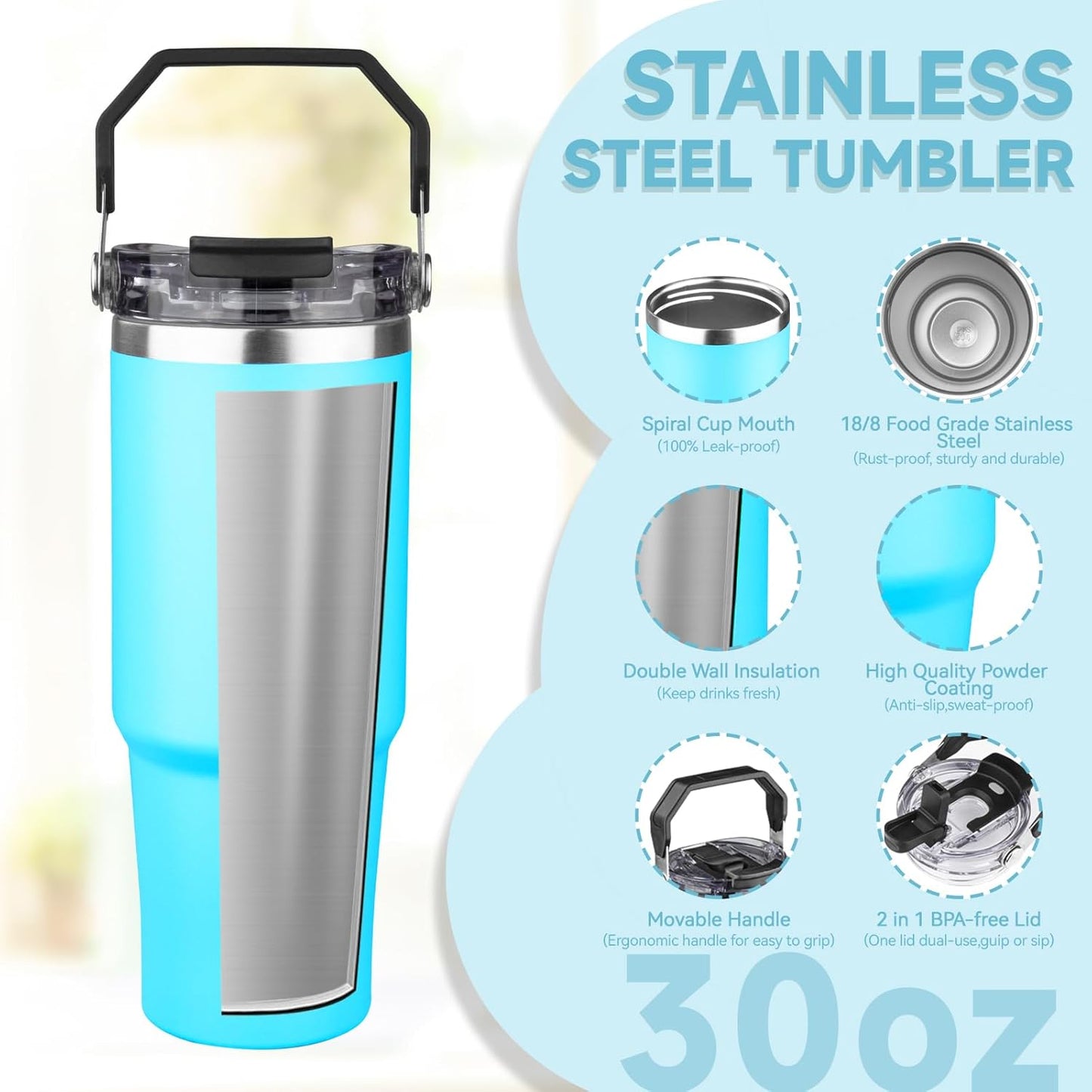 30oz Tumbler with Handle and Flip Straw Lid Double Wall Insulated Travel Coffee Mug Stainless Steel Vacuum Insulated Coffee Tumbler Cup for Hot and Cold Beverages,Leak-proof&BPA-free (30oz,Black)