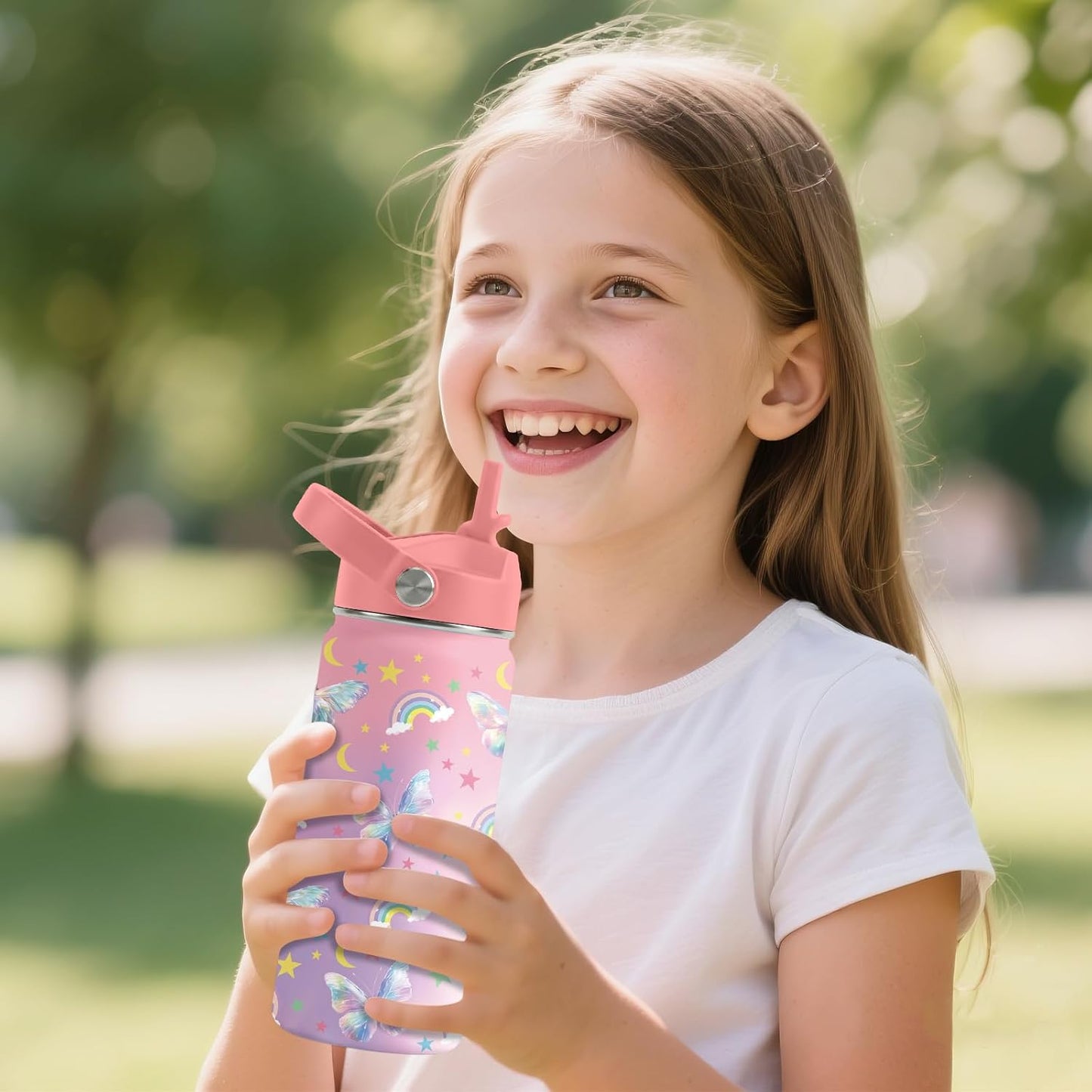 Strawberry Gifts for Kids - 16oz Pink Kids Water Bottle with Straw Lid, Stainless Steel Insulated Water Bottle, Leakproof, BPA-Free, for Girls, School, Strawberry Lover Children Birthday Gift Cup(1pc)