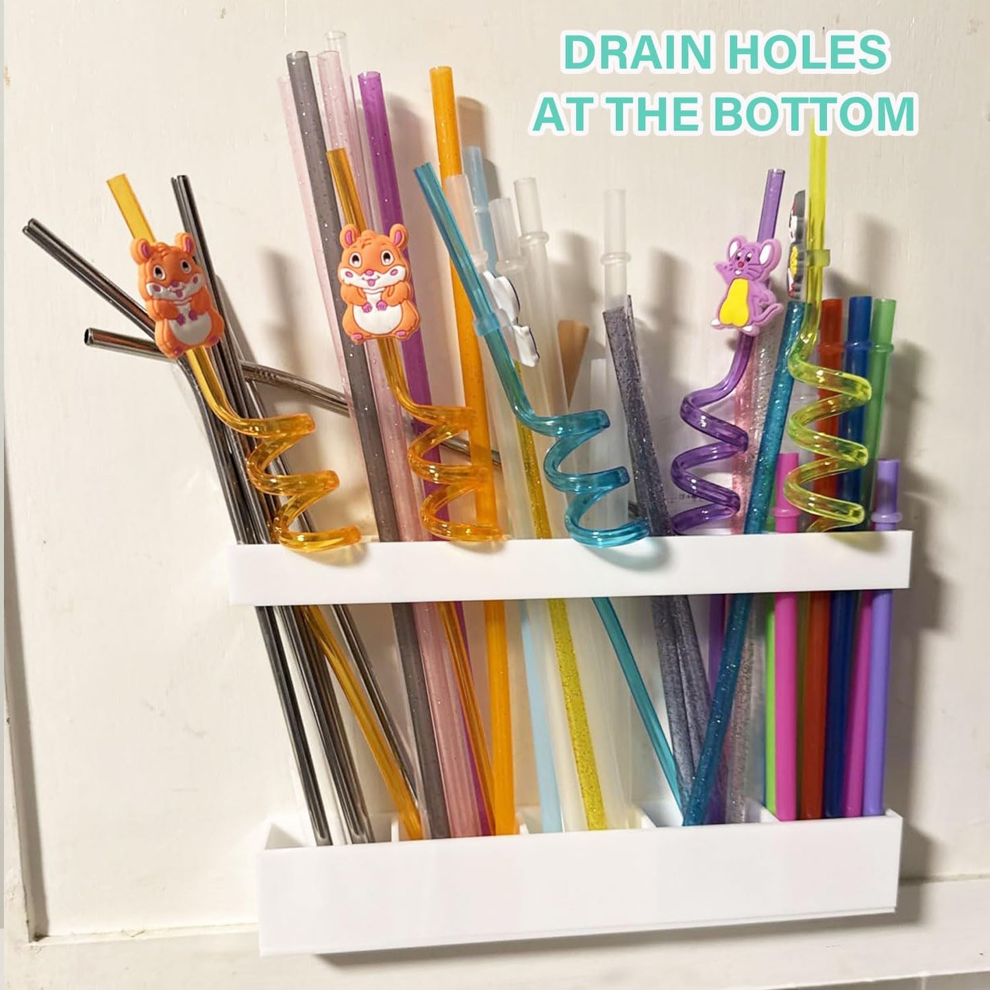 9.5' Cabinet Door Straw Rack, Super Sticky Squares, Adjustable Reusable Straw Dispenser, Kitchen Storage Accessory for Cabinets, Counters, and RVs