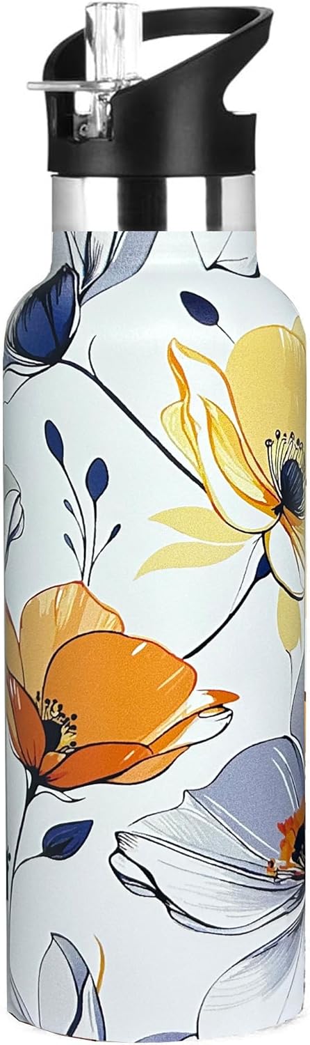Pickleball Sport Water Bottle with Straw, Vacuum Insulated Stainless Steel Thermal Drinking Travel Mug Cups For Gym Fitness Camping-20oz/600ml
