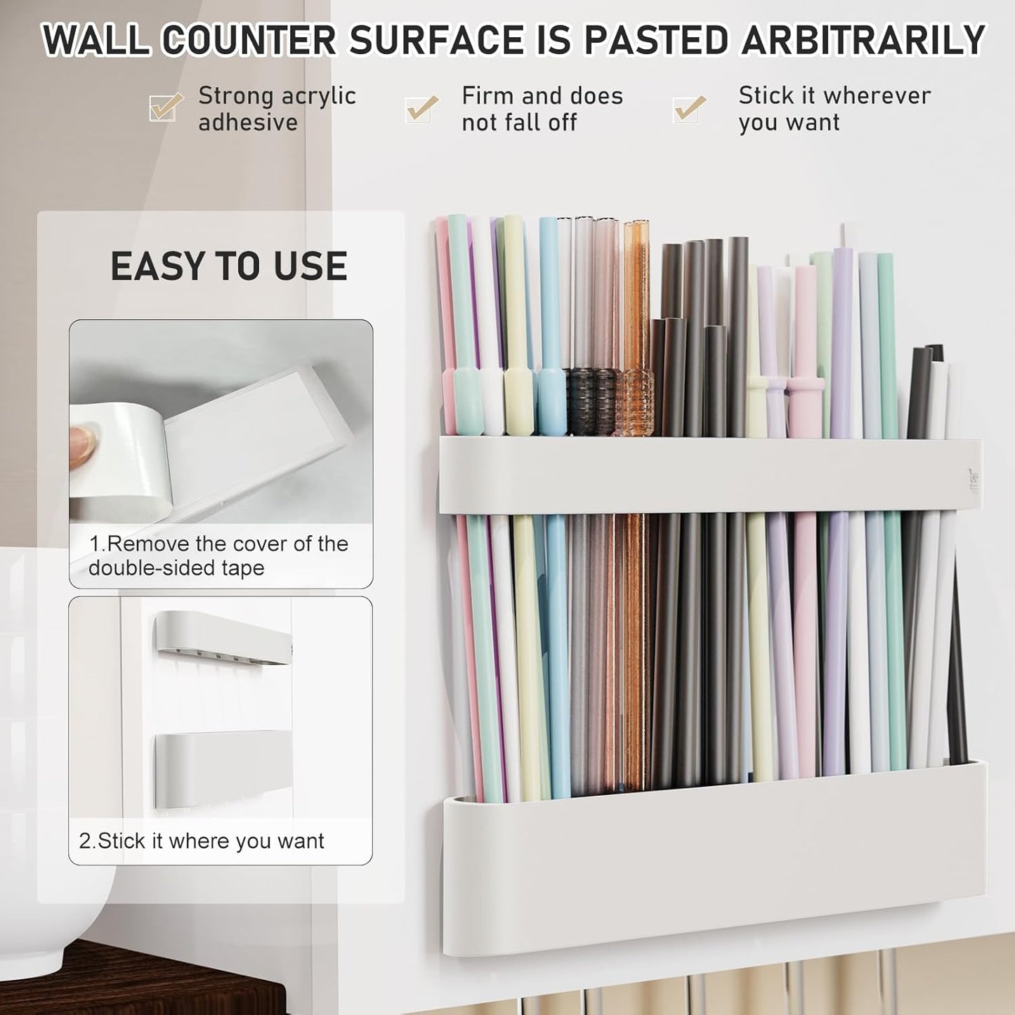 ABLY Straw Holder, reusable straw storage rack, suitable for kitchen walls, counters, cabinet doors, refrigerator doors, etc (Dark blue)