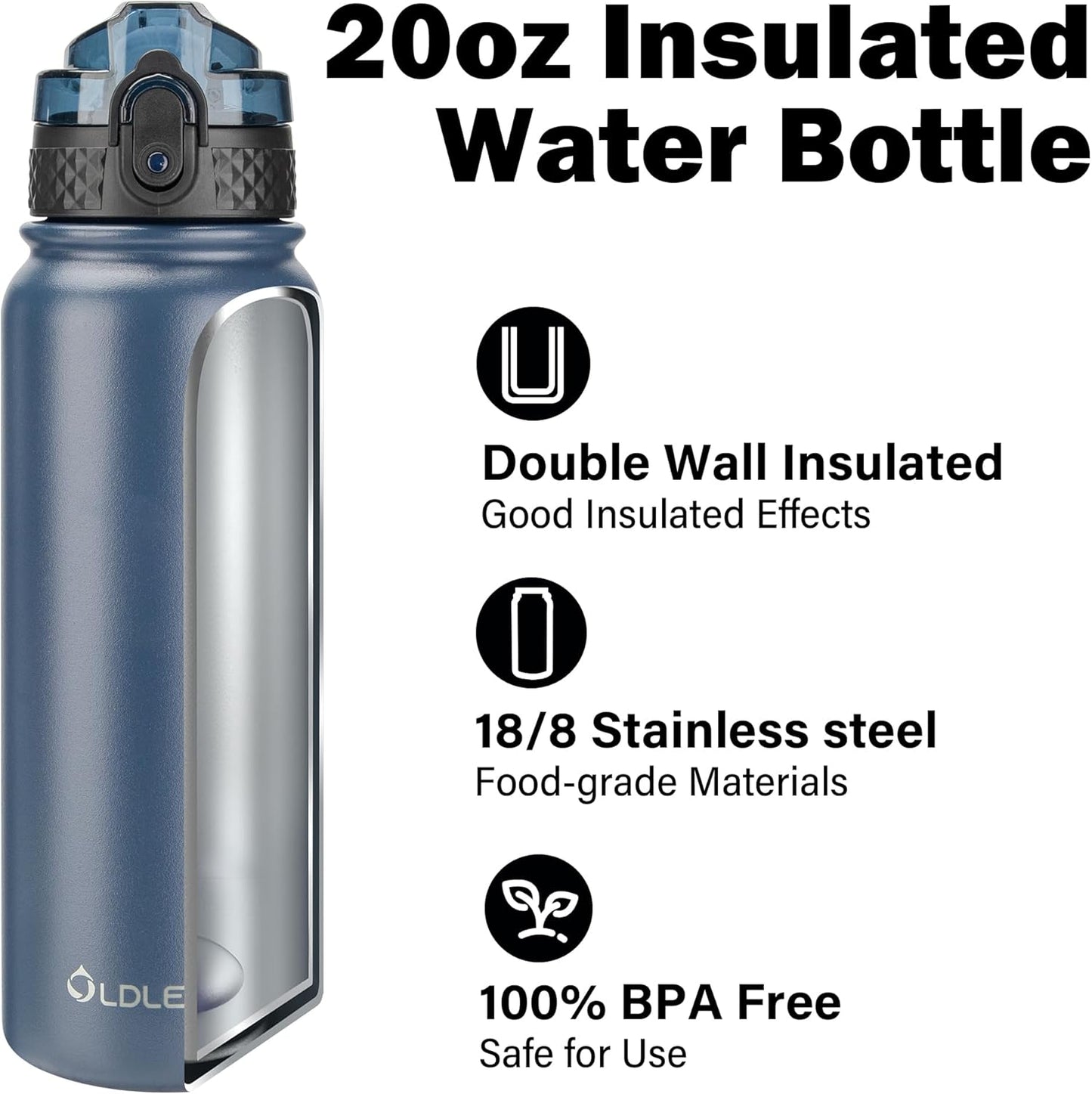 Oldley Insulated Water Bottle 20oz for Adults Kids Stainless Steel Water Bottles with Straw/Chug/Carabiner 3 Lids Fruit Strainer Double Wall Vacuum Wide Mouth BPA Free Leak-Proof for School Travel