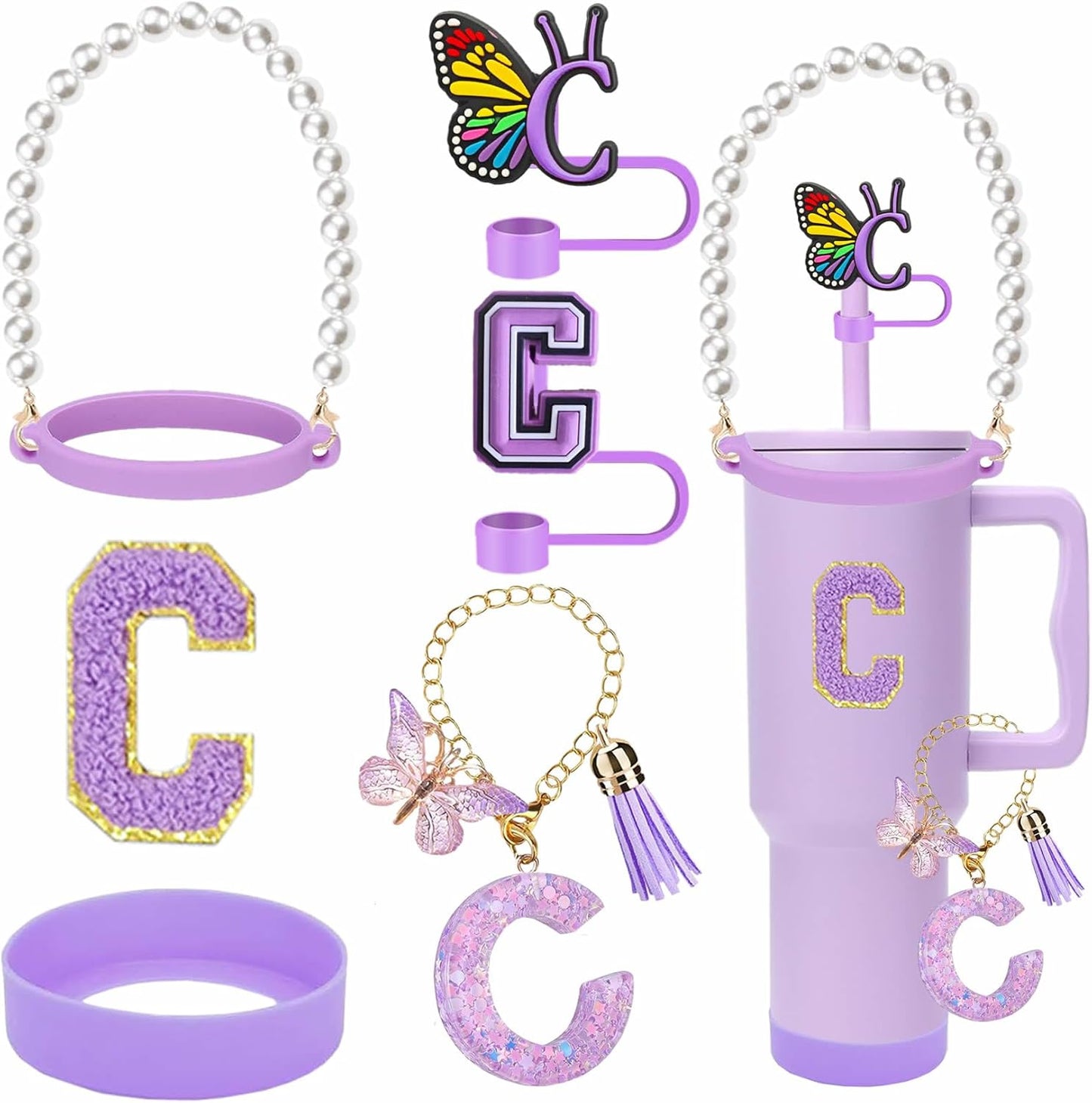 7pcs Cup Accessories for Stanley 30/40oz Tumbler, Handle Strap, Straw Cover, Silicone Boot, Letter Charm Stickers