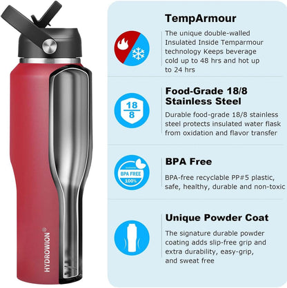 HYDROWION 32oz Stainless Steel Water Bottle(Cold for 48 Hrs, Hot for 24 Hrs),Double Wall Vacuum Insulated Water Bottle with Straw Lid, Spout Lid and Flex Cap, Fit in Any Car Cup Holder,Black