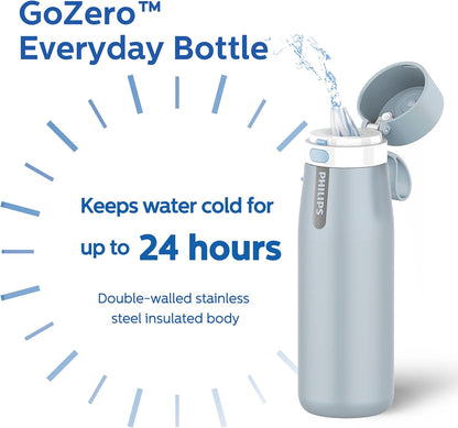 PHILIPS Water Bottle with Filter, Filter Water Bottle Stainless Steel with GoZero Everyday BPA-Free Tap Water Filter, Water Filter Bottle Keep Drink Cold 24 Hours, 1 Filter for 40 gal / 2 Months