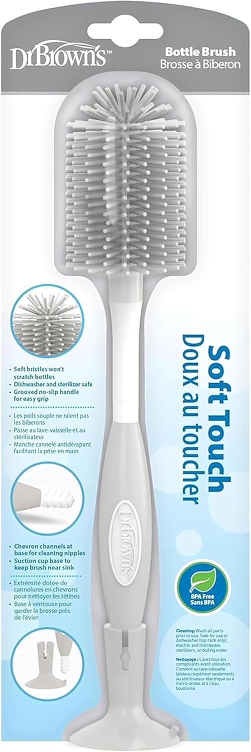 Dr. Brown's Soft Touch No Scratch Baby Bottle Cleaning Brush Nipple Cleaner with Stand and Storage Clip, BPA Free, Blue 1-Pack