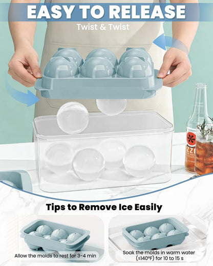 Large Ice Cube Tray for Freezer - 2 Pack Stackable Round Ice Cube Molds Set, Easy to Fill & Release with Storage Bin and Tongs for Kitchen, Party, Cocktail & Coffee, Gifts for Whiskey Lover (1.93In)