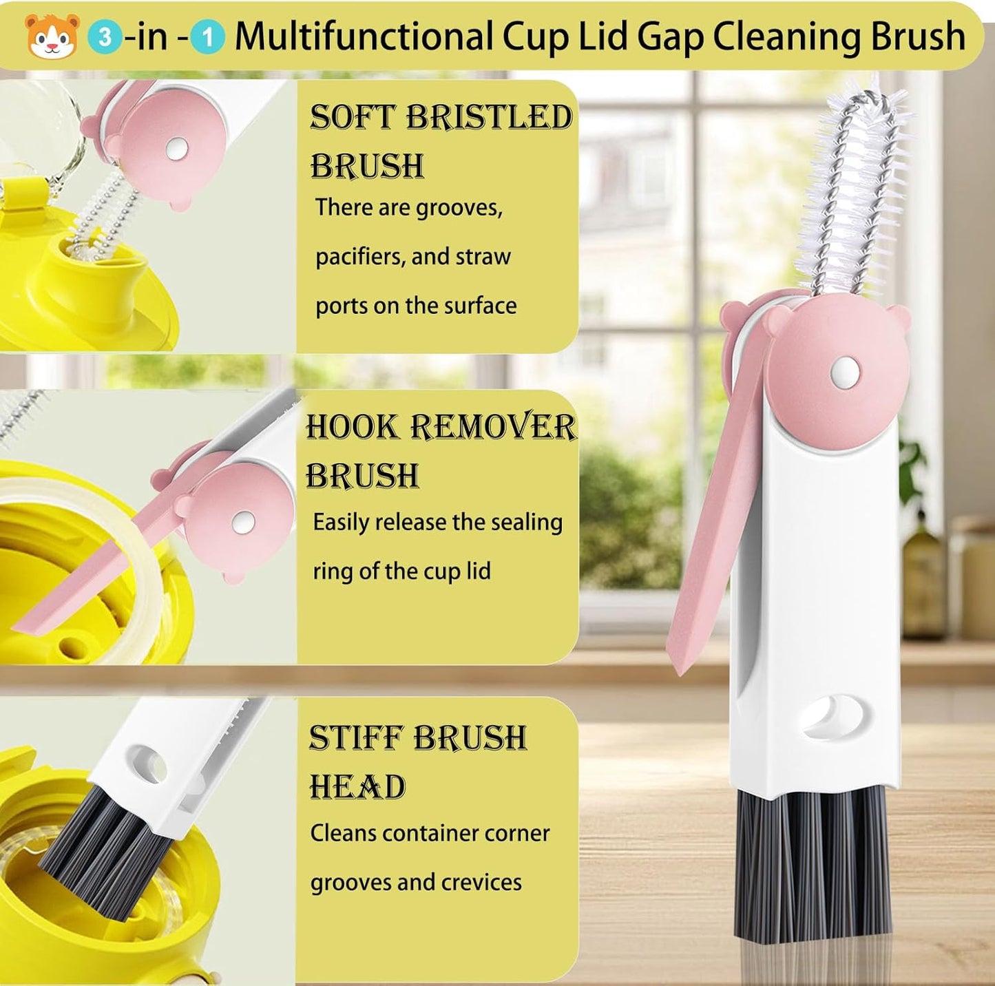 3 in 1 Cup Lid Cleaning Brush - Upgraded Version Cup Lid Brush with Packaging Box, Suitable for All Types of Cups, Bottle Gaps, Portable Travel and Home Kitchen Multifunctional Cleaning Set (3pcs)