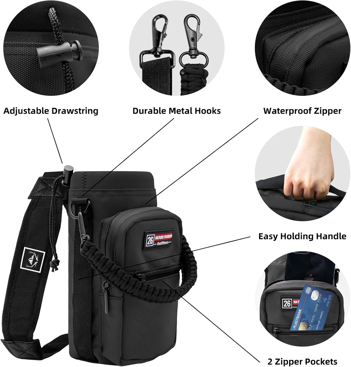 NATURE PIONEOR Water Bottle Holder with Adjustable Strap - 26/32/36/40/46/64oz Insulated Water Bottle Sling Carrier with Paracord Handle & 2 Pockets, Outdoor Sports, Hiking, Camping, Gym