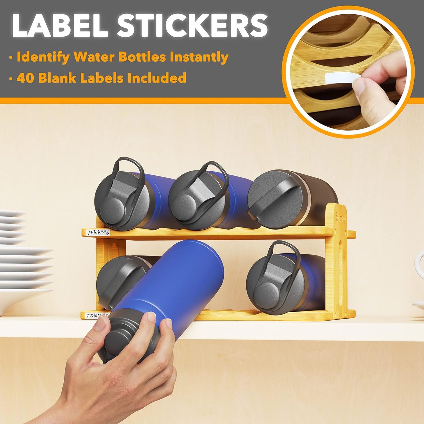 SpaceAid Bamboo Water Bottle Organizer with Labels, Kitchen Pantry Water Bottle Storage Rack for Cabinets, Home Cup and Wine Bottle Holder Shelf Organizers, (3-Tier, Hold 9 Bottles)