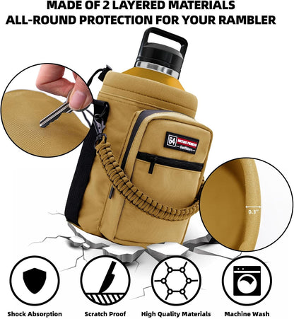 NATURE PIONEOR Water Bottle Holder with Adjustable Strap - Half/One Gallon (64/128oz) Insulated Water Bottle Sling Carrier with Phone Pocket & Paracord Handle, Outdoor Camping, Hiking, Gym