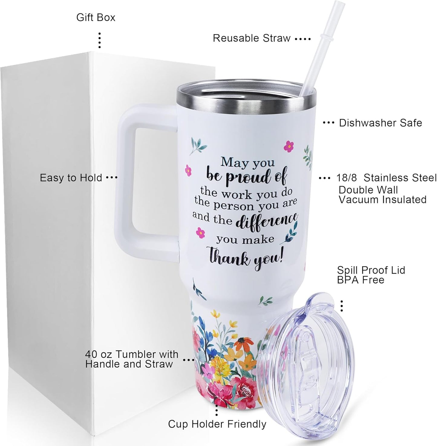 40 oz Tumbler with Handle and Straw Lid Leak Proof | You're Awesome Inspirational Mother's Day Birthday Gifts for Women Men Coworker Friends | Stainless Steel Cup Dishwasher Safe