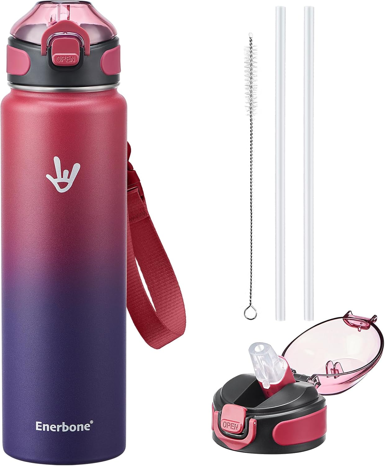 Enerbone 24 oz Insulated Water Bottle, Stainless Steel Bottle with Carrying Strap, Double-Wall Vacuum Insulation Design, Leakproof Sports Bottle with Straw, Keep Drinks Cold or Hot for Hours