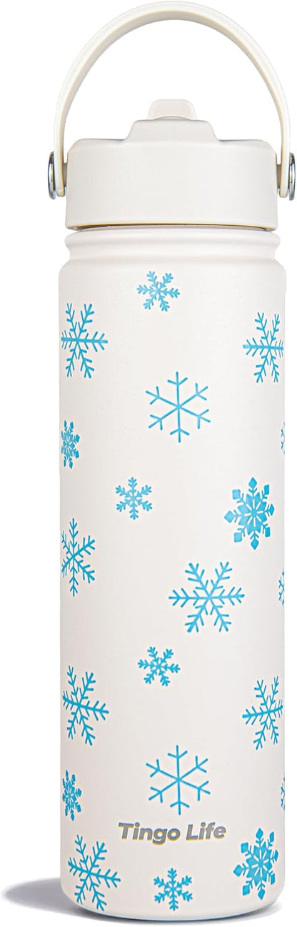 25oz Insulated Stainless Steel Aesthetic Cute Water Bottle - 2 Lids Included (Straw + Sport Handle), Leakproof BPA-Free, Dreamy Cream Cute Floral Design, Perfect Gym/Yoga/Office Companion