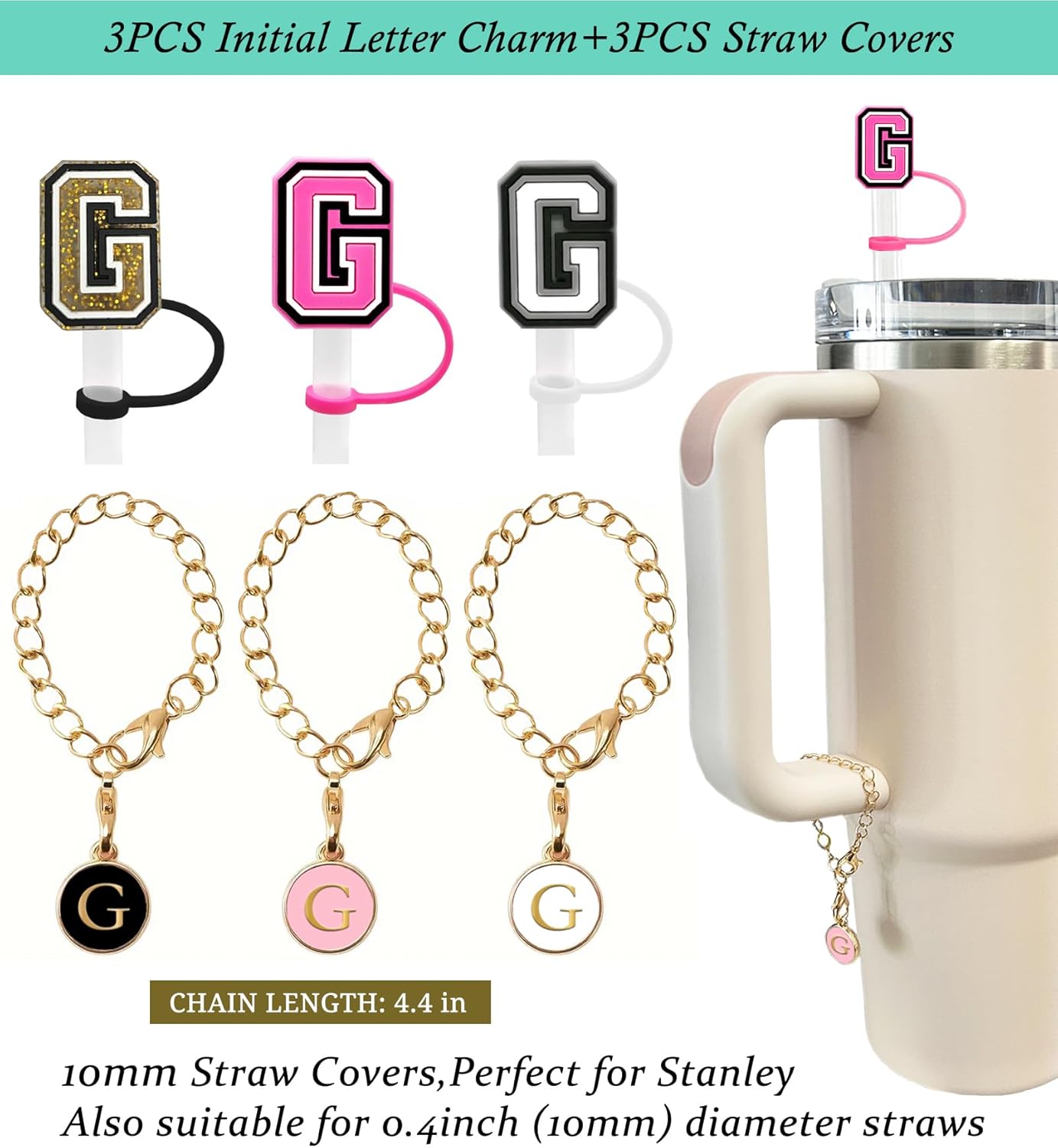 （3 +3) 3PCS Nuozme Straw Cover 10mm For Stanley Tumbler Cup Reusable Straw Cap Topper with 3 Initial Letter Charms Accessories Name ID Personalized Handle Charm For Stanley 30&40 Oz Cup Tumbler - Colors A