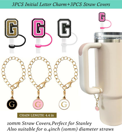 （3 +3) 3PCS Nuozme Straw Cover 10mm For Stanley Tumbler Cup Reusable Straw Cap Topper with 3 Initial Letter Charms Accessories Name ID Personalized Handle Charm For Stanley 30&40 Oz Cup Tumbler - Colors A