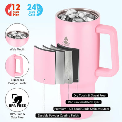 40 oz Tumbler with Handle and Straw or Convert to 40 oz Insulated Water Bottle Fits in Cup Holder. Stainless Steel Metal Water Flask with 2 Lids for Travel,Camping,Gym Sports Coffee Mug Thermal Cup