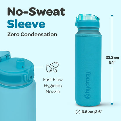 Hydracy Water Bottle with Time Marker -Large BPA Free Water Bottle & No Sweat Sleeve -Leak Proof Gym Bottle with Times to Drink - Ideal for Fitness Sports & Outdoors