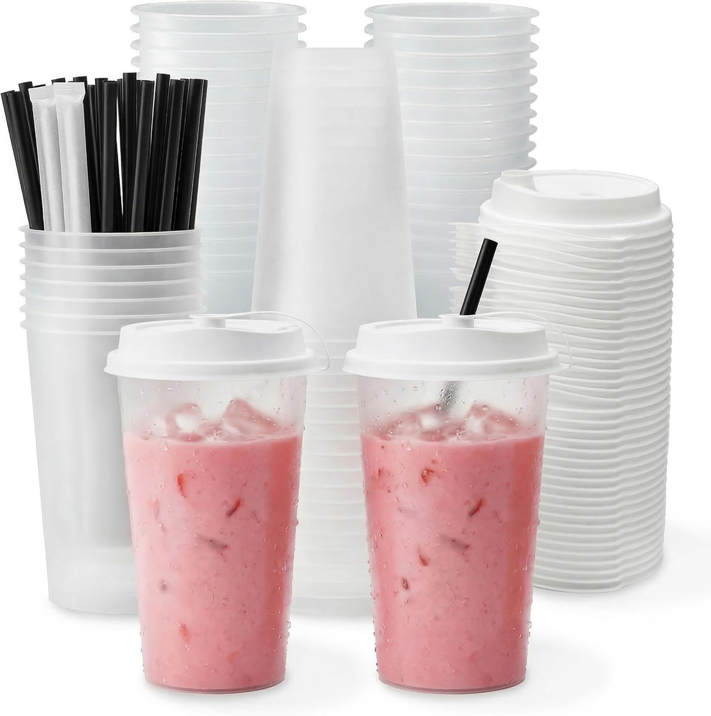 100 Sets Bulk Frosted Disposable Hard Plastic Cups With Straws Lids,90mm Disposable Bubble Boba Milk Tea ToGo Cups Cold Hot Plastic coffee Boba Tea Business TakeAway Supplies (16, ounces)
