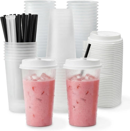 100 Sets Bulk Frosted Disposable Hard Plastic Cups With Straws Lids,90mm Disposable Bubble Boba Milk Tea ToGo Cups Cold Hot Plastic coffee Boba Tea Business TakeAway Supplies (16, ounces)