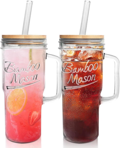 ANOTION Bamboo Mason Leakproof Mason Jar Cups with Lids and Straws, Cap Cup 24oz Glass Tumbler with Handle, Rotating Lid Silicone Straw, Reusable Iced Coffee Matcha Cup Coffee Gifts for Women 2pc