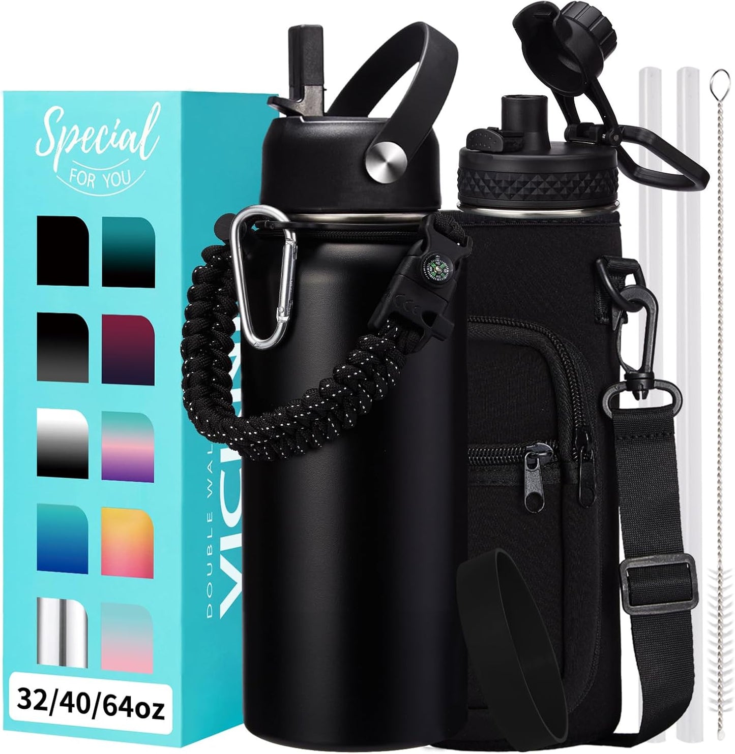 32/40/64OZ Insulated Water Bottle - Keep Cold 48H Hot 24H, Combo Straw/Spout Lids, Paracord Handle for Gym/Hiking, Carrier Bag +Strap, Cup Mat, BPA-Free Stainless Steel Flask Jug
