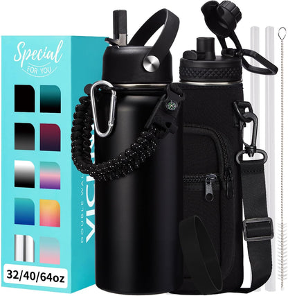 32/40/64OZ Insulated Water Bottle - Keep Cold 48H Hot 24H, Combo Straw/Spout Lids, Paracord Handle for Gym/Hiking, Carrier Bag +Strap, Cup Mat, BPA-Free Stainless Steel Flask Jug