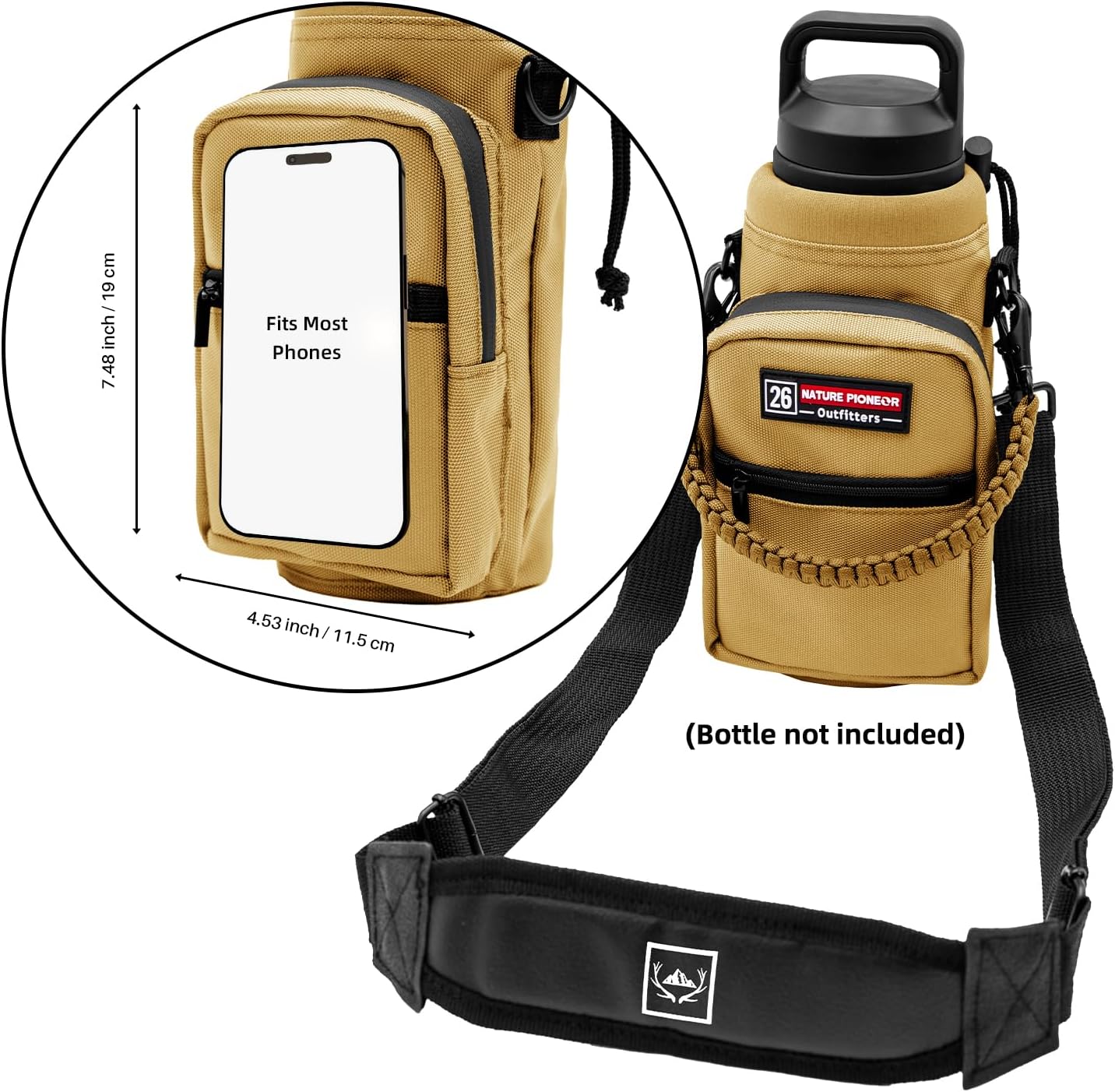 NATURE PIONEOR Water Bottle Holder with Adjustable Strap - 26/32/36/40/46/64oz Insulated Water Bottle Sling Carrier with Paracord Handle & 2 Pockets, Outdoor Sports, Hiking, Camping, Gym