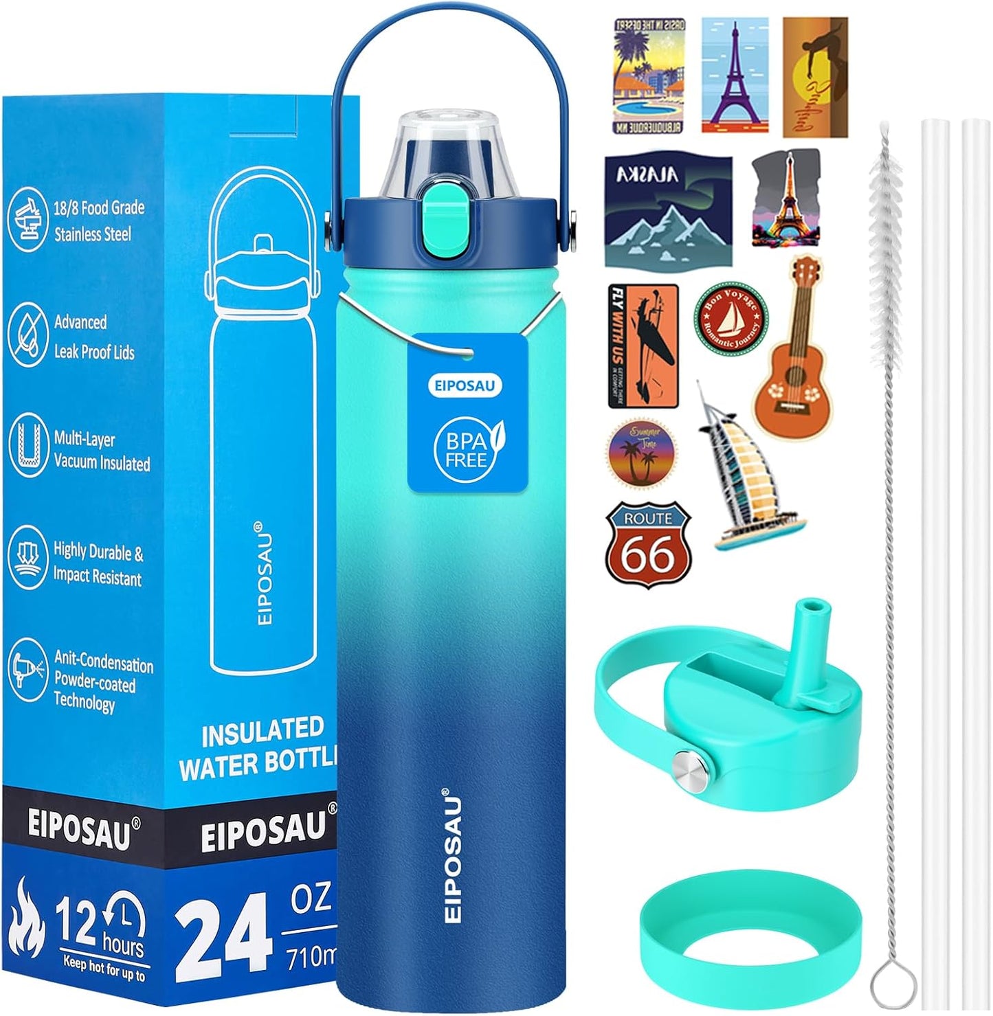 Insulated Water Bottle with Lid & Boot & Stickers, 24 oz Stainless Steel Sweat Free Bottle Keep Cold 24H, BPA-Free Sports Wide Mouth Water Bottle, BlueBlack