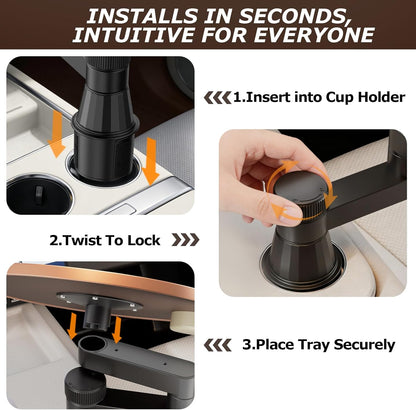Car Cup Holder Tray Desk, 360° Rotating Black Walnut Solid Wood Food Car Table - Steering Wheel Tray Road Trip Essentials Accessories for Tesla Model Y/3/S, Ford F150 Most Vehicles