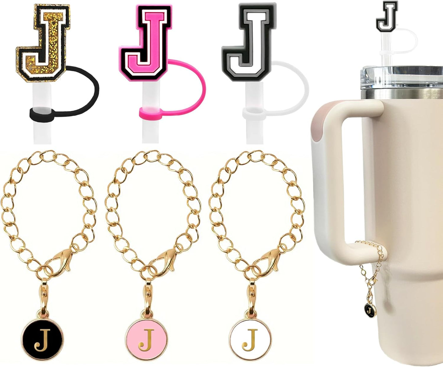 （3 +3) 3PCS Nuozme Straw Cover 10mm For Stanley Tumbler Cup Reusable Straw Cap Topper with 3 Initial Letter Charms Accessories Name ID Personalized Handle Charm For Stanley 30&40 Oz Cup Tumbler - Colors A