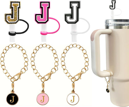（3 +3) 3PCS Nuozme Straw Cover 10mm For Stanley Tumbler Cup Reusable Straw Cap Topper with 3 Initial Letter Charms Accessories Name ID Personalized Handle Charm For Stanley 30&40 Oz Cup Tumbler - Colors A