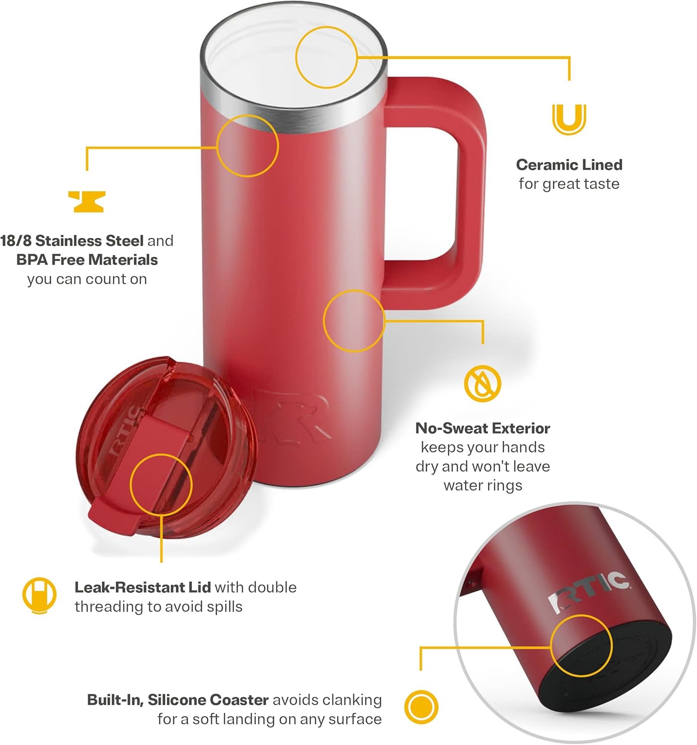 RTIC 20oz Road Trip Travel Mug with Lid and Handle, Ceramic Lined, Insulated, Stainless Steel, Metal, Double Wall Vacuum-Insulation, Portable Coffee, Tea Cup for Hot and Cold Drink, Black