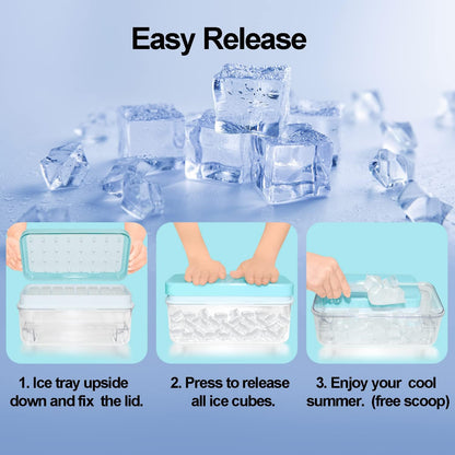 Ice Trays for Freezer with Lid & Bin, Ice Cube Tray Making 64 pcs Ice Cubes, Easy Press to Release Ice, Ice Tray with Storage Bin Chilling Cocktail Whiskey Coffee 2 Trays 1 Ice Bucket & Scoop (Black)
